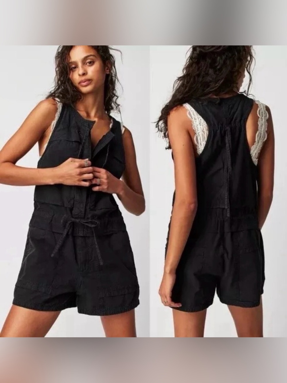 Free People New Beat One-Piece Short Romper Black Mineral Wash Bohemian Sz XS